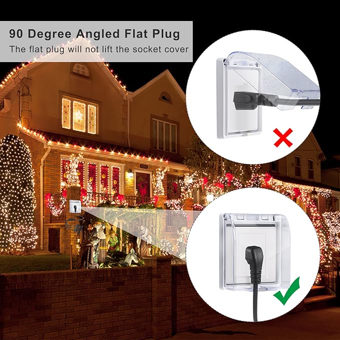 Outdoor 3-Outlet Power Splitter, 90-Degree Flat Plug 1 to 3 Way Outlet Adapter 1.5FT SJTW 16AWG 3-Prong Power Cord Extension Strip with Outlet Cover for Holiday Decoration String Light(1-Pack)