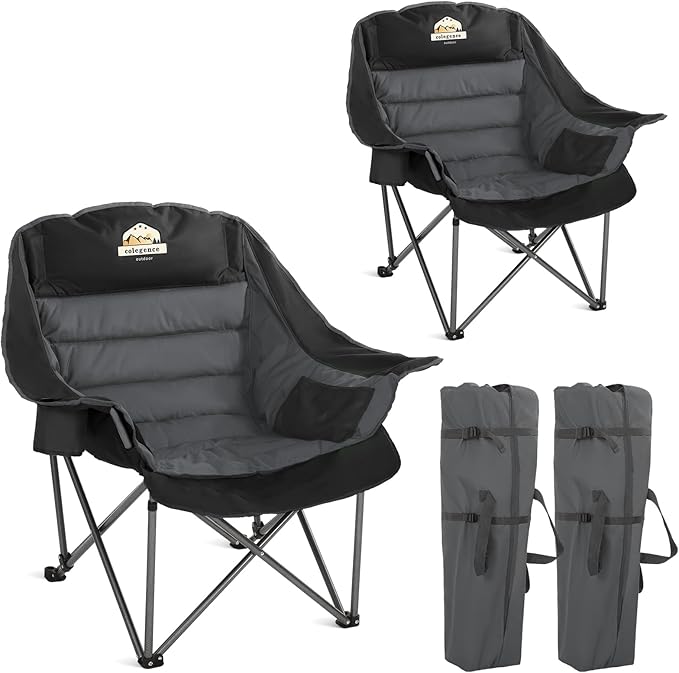 Colegence Oversized Camping Chairs Set of 2, Padded Camping Chair Heavy Duty Lawn Chairs for Adults, XL Foldable Camp Chair for Outdoor Sports, Baseball, Wide Seat Support 450LBS - Black and Grey