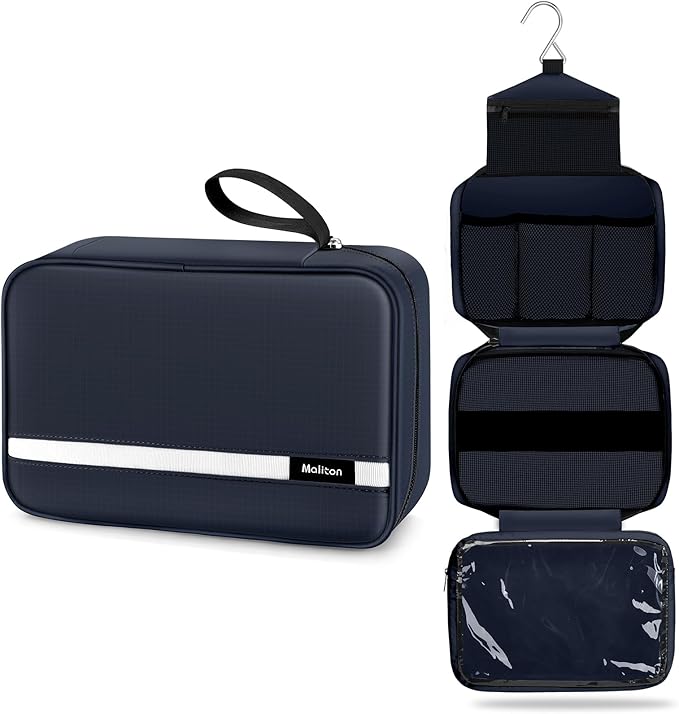 Maliton Toiletry Bag for Men & Women Travel Toiletry Bag Hanging Toiletry Bag Hygiene Organizer with 4 Compartments Waterproof Bathroom Shower Bag Large Toiletries Travel Bag(Black (Navy Blue)