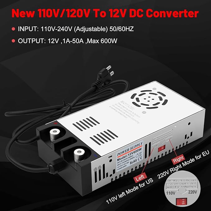 IMAYCC 110V AC to 12V DC Converter Power Supply 12V DC Switch Transformer for LED Strip, LCD Monitor, CCTV, Radio,Car Stereo and Diesel Heater 50A 600W
