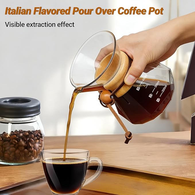Coffee Pour Over 13.5oz 400ml High Borosilicate Glass Pour Over Coffee Maker Set Camping with Reusable 304 Stainless Steel Filter Hand Brew Carafe Drip Suitable for Electric Ceramic Stove