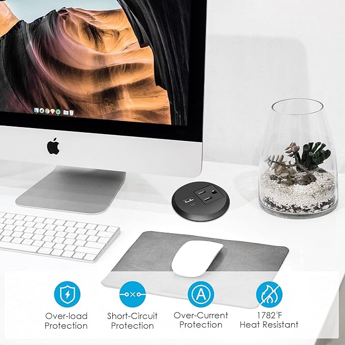 Desktop Power Grommet, 2 inch, USB C PD 20W Fast Charging Station, Desk Hole Recessed Power Outlet,ETL Listed (1, 6 FT Cable)