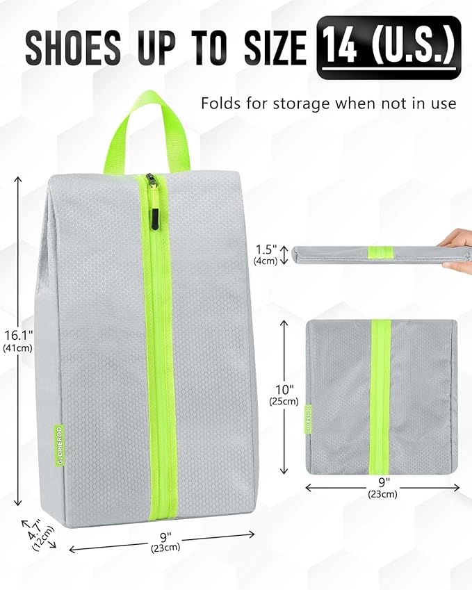 GLORIEROO Smell Proof Shoe Bags for Travel-Soccer Cleat Bag Smell Proof with Active Carbon Fabric | Odor-Absorbing Water-Resistant Track Shoe bags for Sports (Grey, UP TO US14)