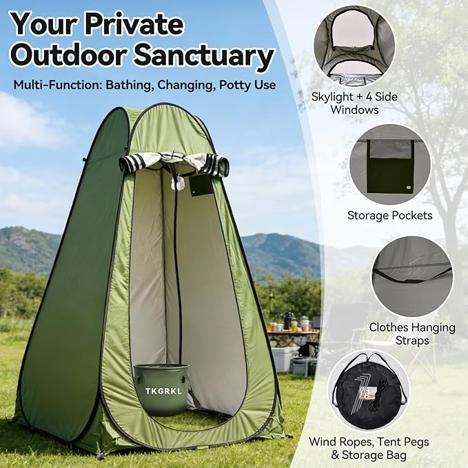 11PCS Portable Shower with Heater for Camping Shower Tent Set, 1500W Immersion Heater with Auto Shut-Off, 6000mAh Rechargeable Portable Shower with 5 Gallons Foldable Bucket, USB Solar Charging Panel