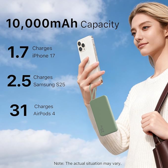 NOBIS Portable Charger 10000mAh 25W Power Bank Fast Charging Battery Pack with Built-in Type-C Cable, USB-C in/Out, USB-A Output with LED Display for Phone 17 S25