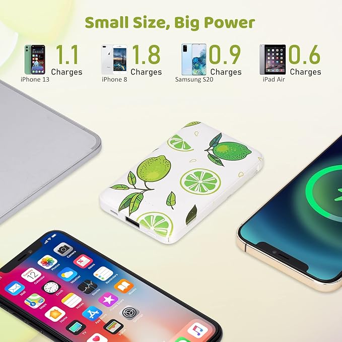 Sethruki Portable Charger 5000mAh Cute Ultra Slim USB C Power Bank for Girls Mini Fast Charging Small Battery Pack with Built in Cables for iPhone iPad Samsung Pixel Android Phones,Lemon