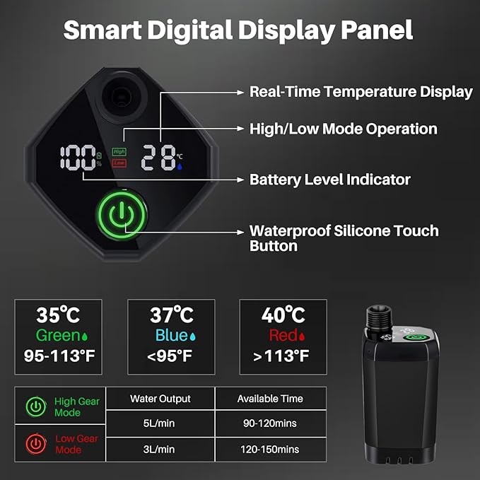 Portable Camping Shower with Heater, 6000mAh Rechargeable Portable Shower with 2000W Immersion Heater, LED Display, Heated Camping Shower for Travel, Hiking, Car, Pet