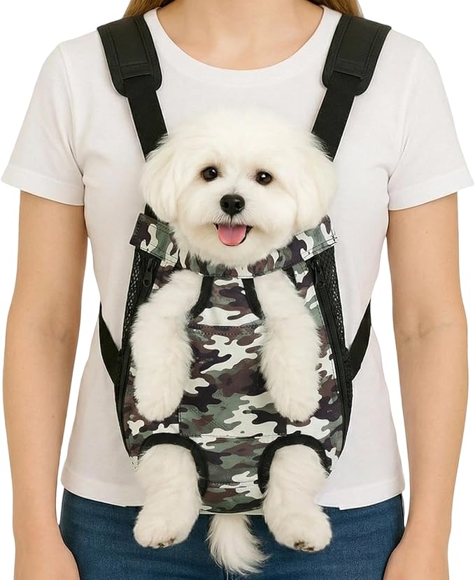 Dog Backpack Carrier, Front Pocket for Essentials, Pet Sling Front Backpack for Small Medium Dogs 10-16 Lbs, Legs Out, Adjustable Wearable Puppy Chest Travel Bag, Easy-Fit for Hiking/Walking/Camping