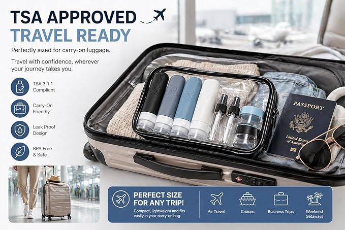 18 Pack TSA Approved Travel Bottles for Toiletries – Leak Proof Silicone Refillable Containers Set with Toiletry Bag, Squeeze Bottles, Spray Bottles & Cream Jars for Shampoo, Conditioner & Lotion