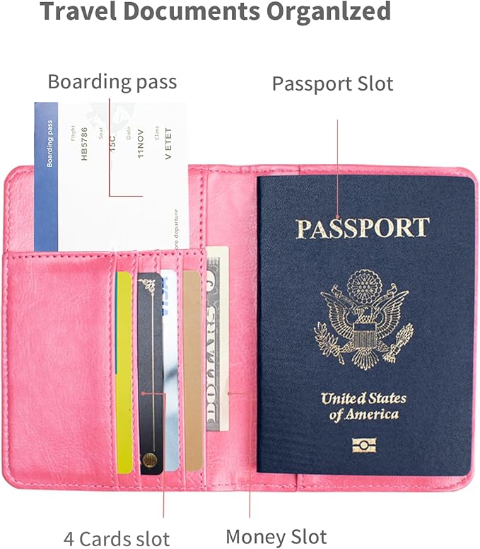 Passport Holder Cover and Card Case Slot Combo RFID Blocking Leather Travel Passport Wallet for Men and Women US Passport Protector Document Organizer,Pink