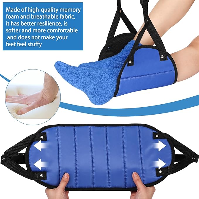 Yerliker Airplane Foot Hammock(Memory Foam) with Earplugs and Eye Mask Travel Necessities Adjustable Airplane Desk Foot Rest for Long Trip Pain and Swelling Relief(Blue)