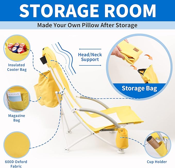 Nice C Beach Chair, Beach Chairs for Adults with Umbrella and Cooler, High Back, Cup Holder & Carry Bag & Heavy Duty Compact Outdoor, Camping (Set of Yellow)