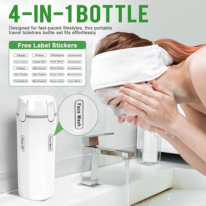 4 in 1 Travel Dispenser Bottle,Leak Proof Refillable Bottles Store Shampoo, Lotion and More,Transparent with Scale, Easy Squeeze Use, Lightweight & Portable Perfect for Travel,Gym,Camping (White)