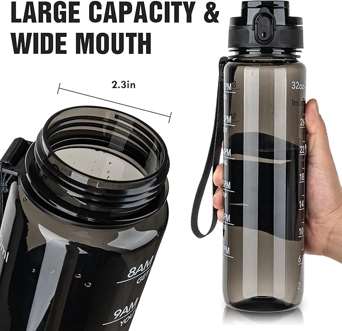 OLDLEY Water Bottle 32oz, Durable and Leakproof Water Bottles Motivational with Time Marker, Tritan, BPA Free, Wide Mouth, Gym, Travel, School,Office, Gifts for Her, Women Men,Clear Black (1 Bottle)