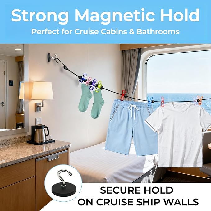 Magnetic Travel Clothesline - Cruise Ship Essentials & Must Haves 2026 - Stretches to 12ft Retractable Laundry Drying Line with Non-Scratch Magnetic Hooks, Positioning Beads & 12 Anti-Slip Clips