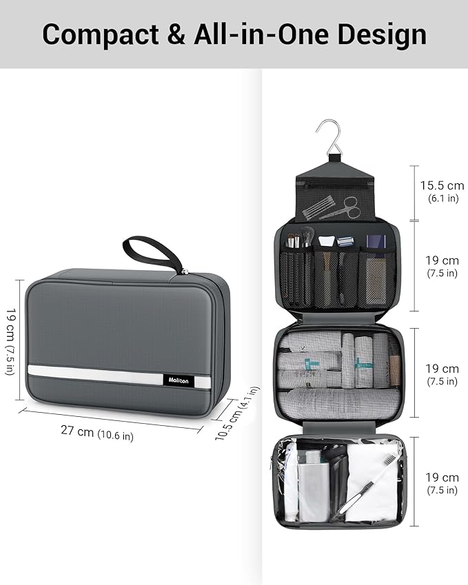 Maliton Toiletry Bag for Men & Women Travel Toiletry Bag Hanging Toiletry Bag Hygiene Organizer with 4 Compartments Waterproof Bathroom Shower Bag Large Toiletries Travel Bag (Gray)