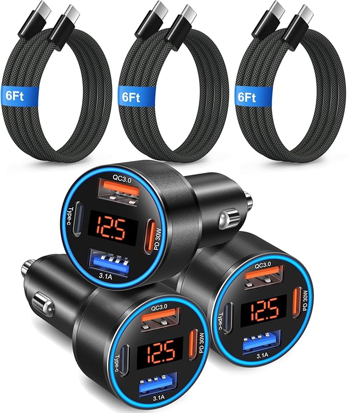 65W 4-Port USB C Super Fast Type C Car Charger for Galaxy S25/S24/S23/S22 Ultra/iPhone 17/16/15, 3 Pack QC&PD 3.0 Fast Charging Android Car Phone Charger Cigarette Lighter Adapter+6FT USB-C Cable