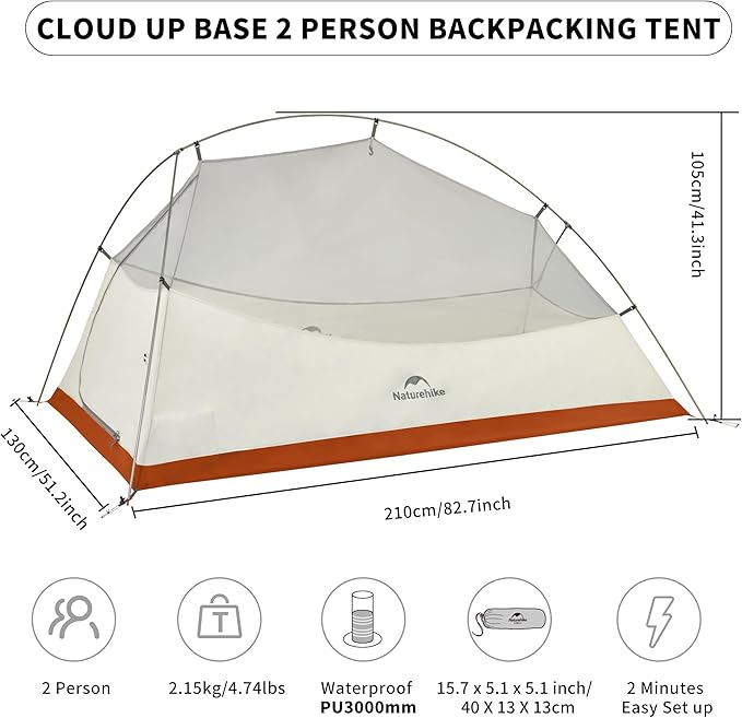 Naturehike Cloud-Up Tent Lightweight Backpacking Tent with Footprint - Free Standing Ultralight Camping Hiking Backpack Tents