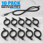 10-Pack USB Type-C Cables [3.3 ft / 1 m | 3A Fast Charge | Braided] – USB-A to USB-C Charger Cords, Compatible with iPhone 17/17 Pro/16e/16/15 Pro Max, Samsung Galaxy S25/S24/S23, Google Pixel 10/9/8