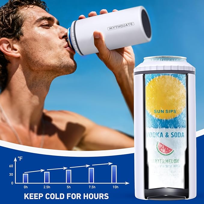 3 in 1 Slim Can Cooler for 12 OZ Skinny Can, Regular Can & Beer Bottle - Keep Cold for 6 Hours - Double Walled Insulated Stainless Steel Vacuum Beverage Can Insulator (Matte White)
