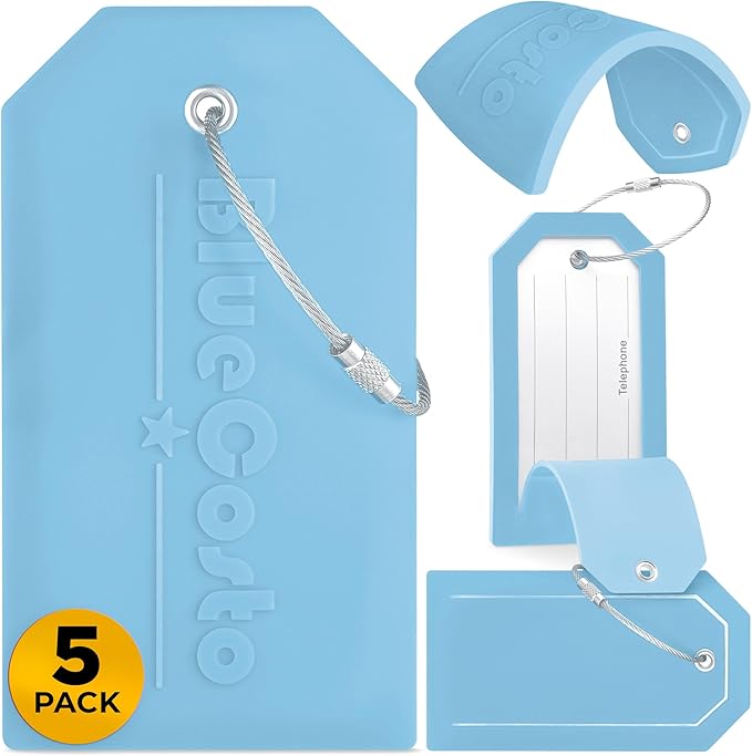 BlueCosto - Luggage Tags - Large, Blue, 5 PK - PVC Suitcase Tags w/Privacy Cover & Stainless Steel Wire Loops - Personalized Baggage Identifiers for Travel - Backpack Name Labels