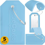 BlueCosto - Luggage Tags - Large, Blue, 5 PK - PVC Suitcase Tags w/Privacy Cover & Stainless Steel Wire Loops - Personalized Baggage Identifiers for Travel - Backpack Name Labels