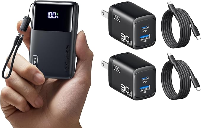 INIU Slimmest 10000mAh 45W PD Fast Charging Portable Charger & 2-Pack 30W PD Fast Charging, [USB-C + USB-A] Wall Charger Combo