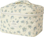 uekeboag Large Travel Quilted Makeup Bag for Women, Floral Cotton Cosmetic Bag, Coquette Aesthetic Floral Toiletry Organizer Bag