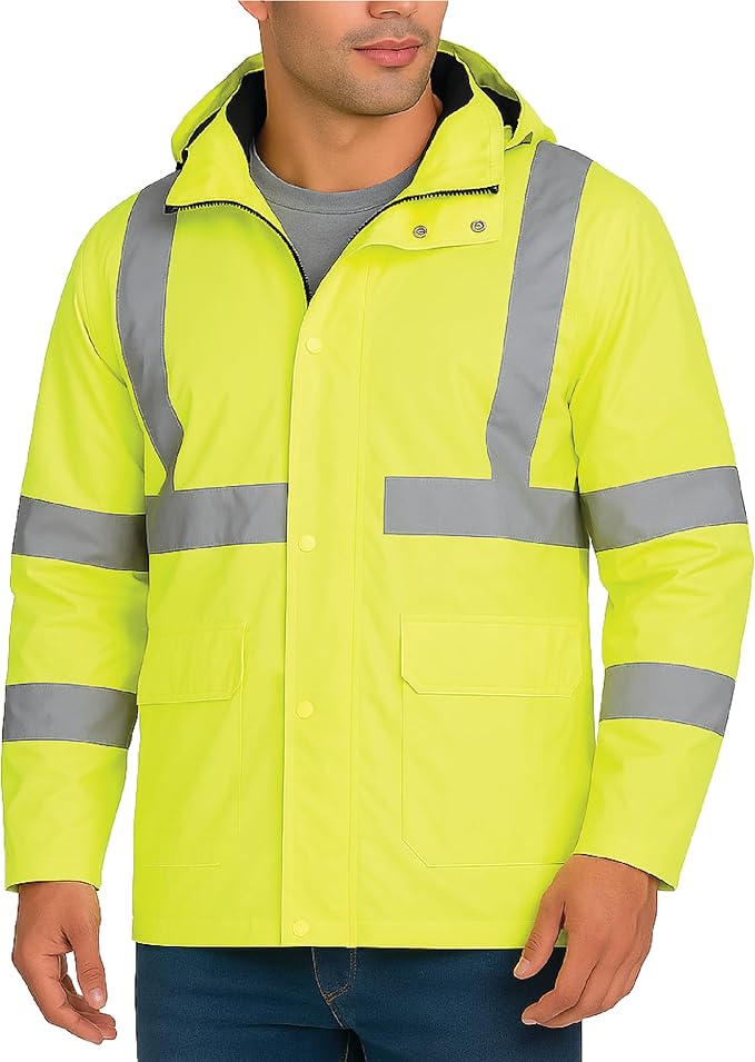 Bass Creek Outfitters Mens Rain Jacket - Waterproof Hooded High Visibility Safety Coat with Reflective Strips
