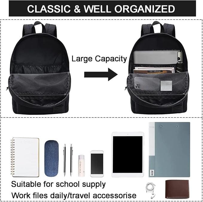 SUPACOOL Casual Laptop Backpack for Men and Women, Work backpack, Black Backpacks, College School Backpack for Boys and Girls, Lightweight Travel Back Pack(Black)