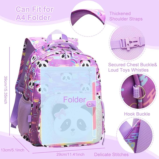 RHCPFOVR Kids Backpack for Girls - Girls Backpack 3-8 Ages Panda for Kids 15 Inch School Bookbag for Kindergarten Elementary School Bookbag for Girl 1st 2nd Grade