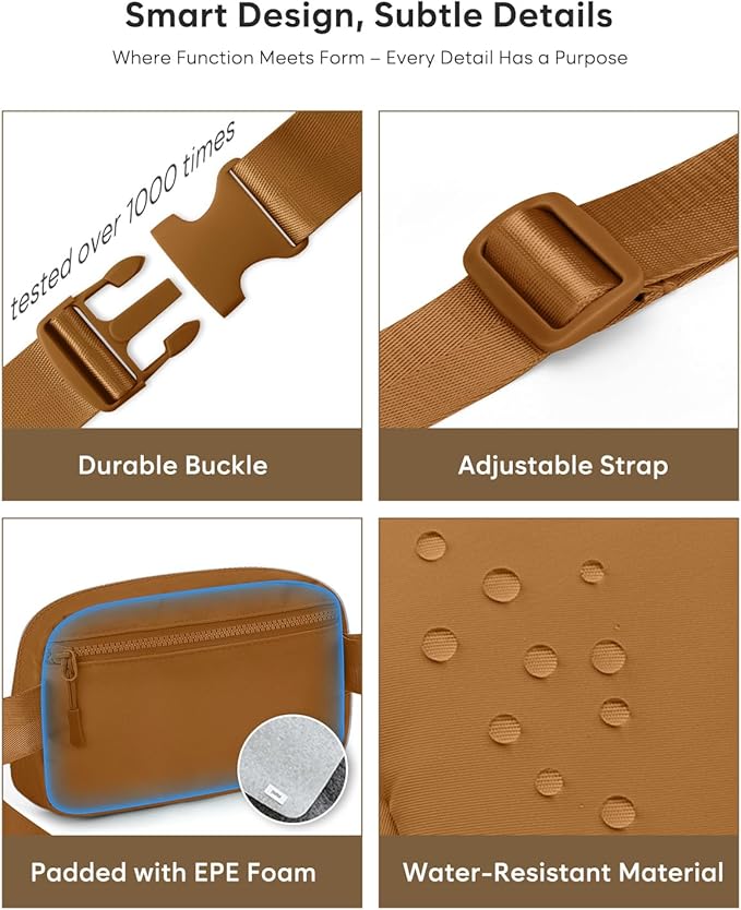 Pritent Fanny Packs for Women Cross Body Bag Waterproof Belt Bag with Adjustable Strap and Zipper Back Pocket Small Crossbody Bags Fashion Waist Packs for Workout Travelling(Brown)