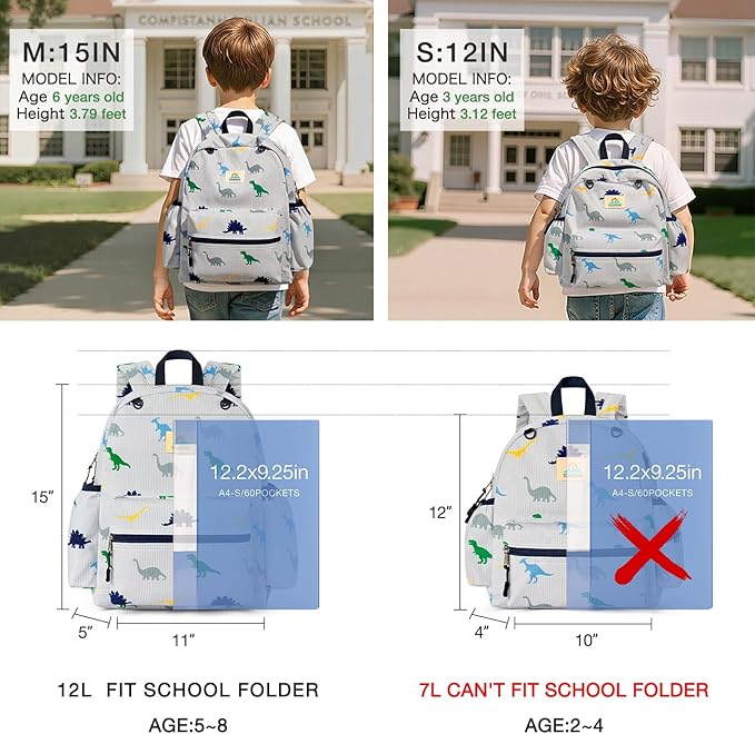 STEAMEDBUN Corduroy Toddler Backpack for Boys 2-4: Kids backpack for Boys Girls - 12 inch Preschool Kindergarten Backpacks - Dinosaur