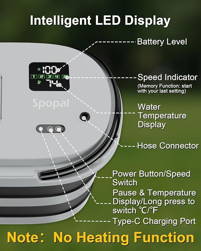 Spopal Portable Integrated Camping Shower with 20L Bucket, Temperature Measurement & Fruit Washing Mode, LED Digital Display, IPX8 Waterproof, 13000mAh Battery for Hiking, Travel, Car, Pet