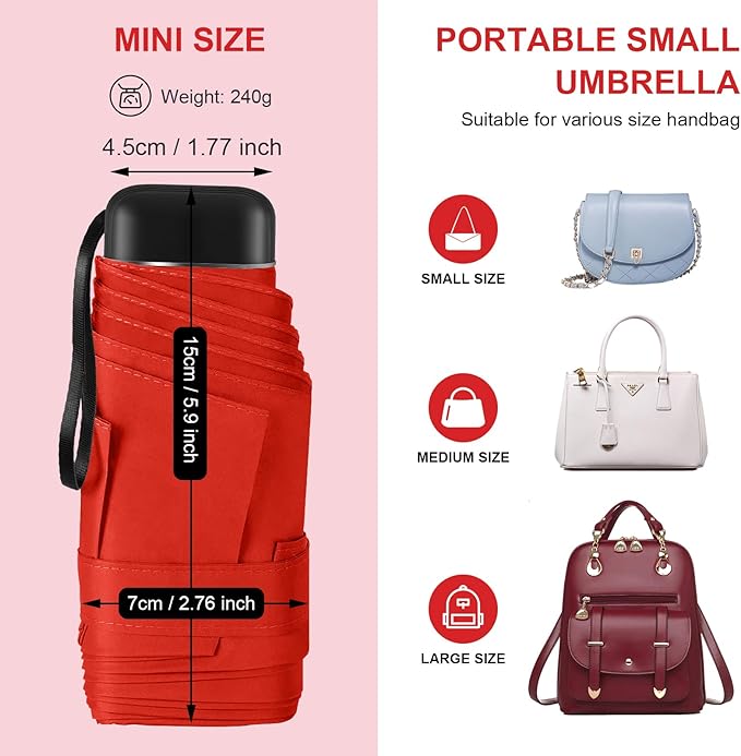 Compact Travel Umbrella with Case - Mini Umbrella for Purse, Small Lightweight &Tiny Design Perfect for Parasol Outdoor Sun&Rain Umbrellas