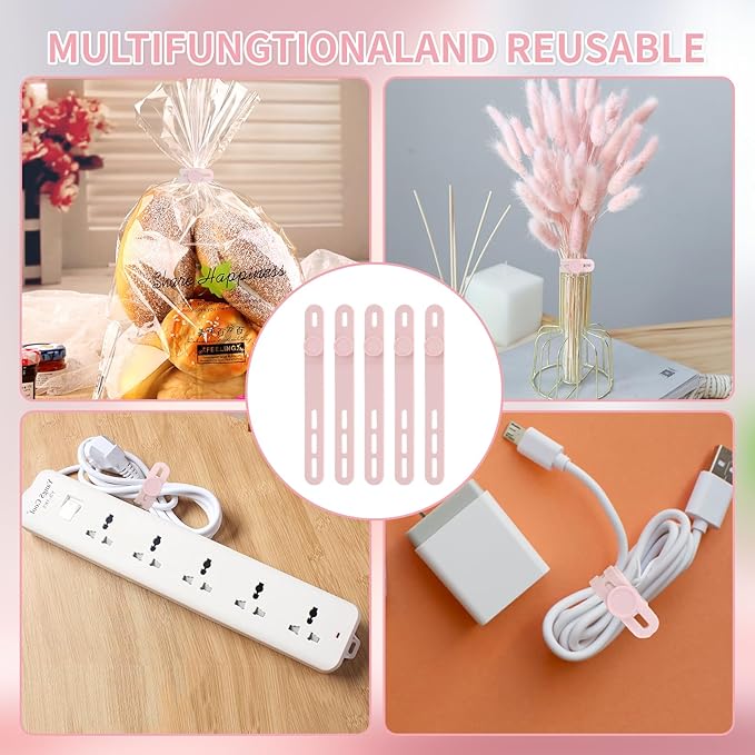 Oligei 25 Pcs Silicone Cable Ties, Cable Ties Reusable, High Elasticity Cord Wraps for Electrical Cords, Cord Organizer for Earphone, Phone Charger(Pink)