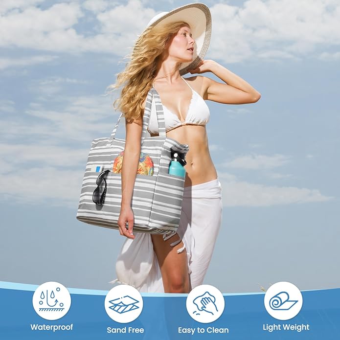 Trifabricy Beach Bags for Women Waterproof Sandproof Women Tote Bag, Large Beach Bag with Zipper for Gym Travel Vocation