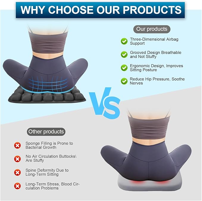 Inflatable Airplane Seat Cushion, Comfort 3d Air Cell Seat Cushion, Tailbone Pain Relief for Long Distance Sedentary People to Use (Black, 16*18in)