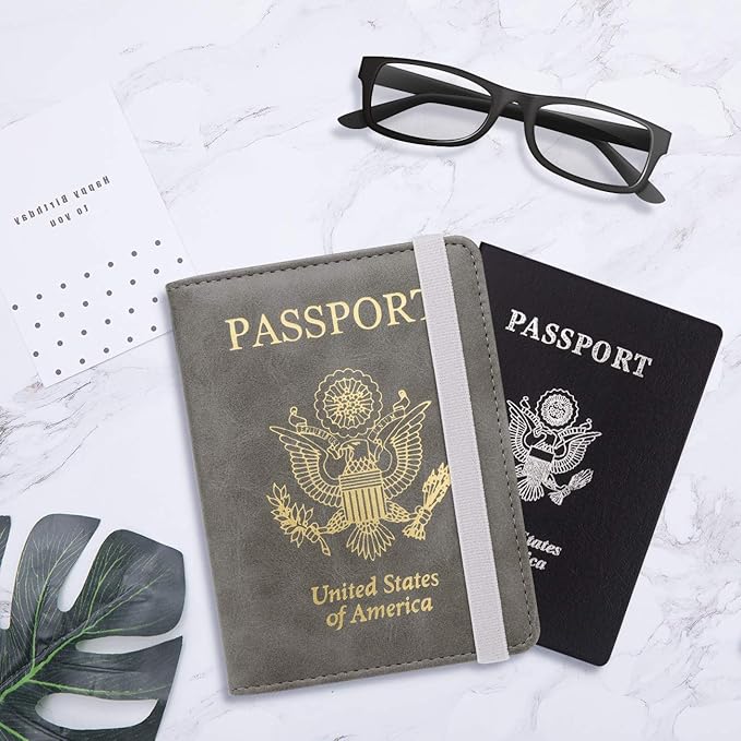 WALNEW Passport Holder for Travel, RFID Passport Cover Wallet for Women Men, PU Leather Passport Book Card Holder Case with Pen, Travelling Essentials for Flying