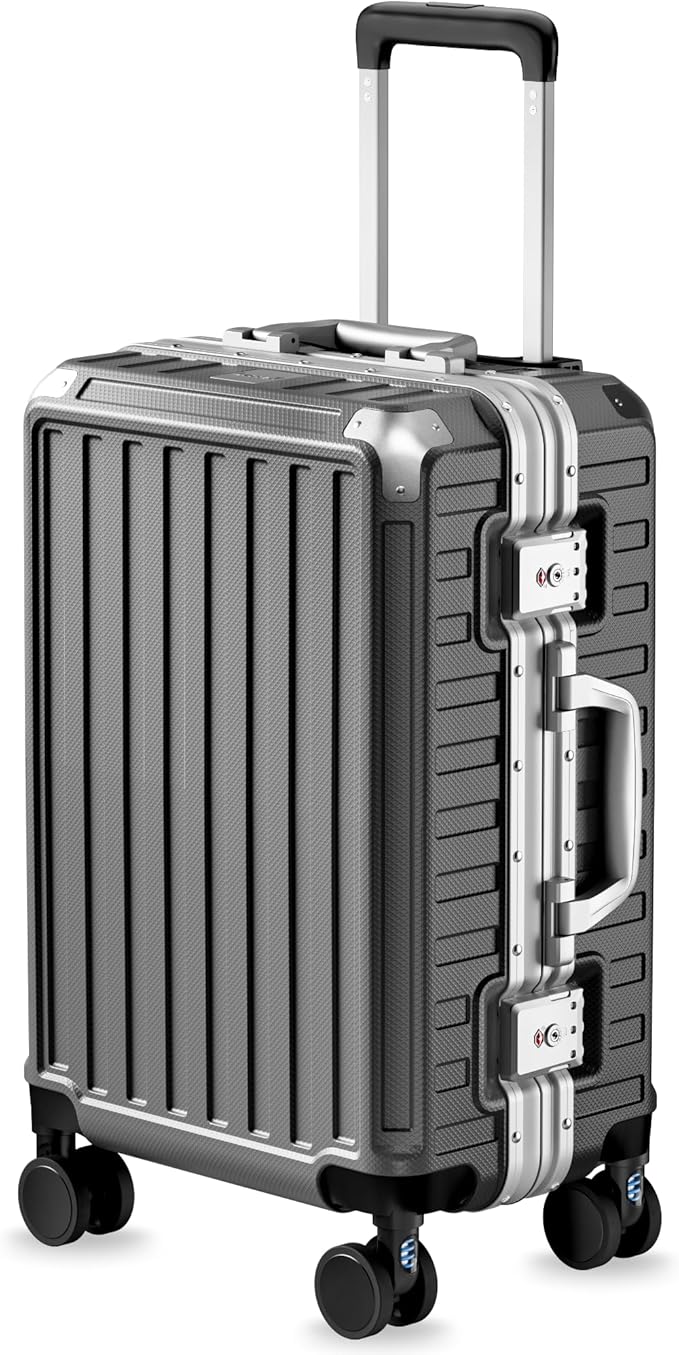 Carry On Luggage with Spinner Wheels, 8010S Aluminum Frame Zipperless Polycarbonate Hard Shell Suitcase (ZX-Core, Charcoal Metallic, 20 Inch)