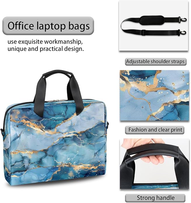 Laptop Bag Teal Blue Liquid Golden Marble Laptop Case Sleeve Messenger Bags with Shoulder Strap Briefcase for Laptop 13 14 14.5 15.6 16 in
