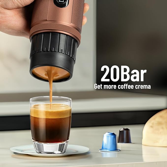 Portable Coffee Machine: Electric Espresso Machine - Portable Coffee Maker for Travel - Rapid Heating - 8 Cups of Coffee Per Full Charge - Compatible with Nespresso Capsules - Brown