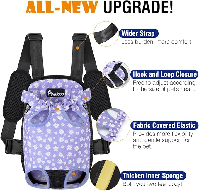 Pawaboo Pet Carrier Backpack, Adjustable Pet Front Cat Dog Carrier Backpack Purse Travel Bag, Legs Out, Easy-Fit for Traveling Hiking Camping for Small Medium Dogs, Medium Size, Black & Purple Daisy