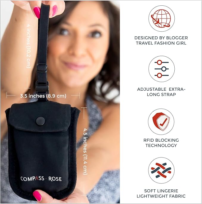 Secret Bra Wallet Women Hidden Pouch with RFID Protection and Adjustable Strap - Hidden Money Pouch for Cash, Credit Cards, or Hotel Room Key - Discreet Travel Bra Wallet