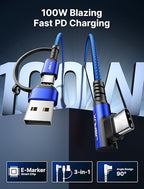 JSAUX 100W USB C Cable [2-Pack 10FT], Right Angle Fast Charging Cord with USB A to C Adapter for iPhone Air/iPhone 17/ iPhone 17 Pro/iPhone 17 Pro Max, iPhone 16/15, Samsung, MacBook, iPad - Blue