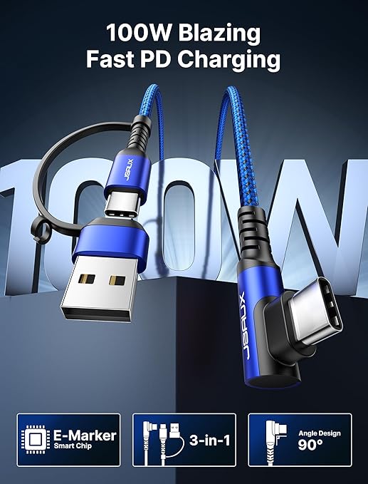 JSAUX 100W USB C Cable [2-Pack 10FT], Right Angle Fast Charging Cord with USB A to C Adapter for iPhone Air/iPhone 17/ iPhone 17 Pro/iPhone 17 Pro Max, iPhone 16/15, Samsung, MacBook, iPad - Blue