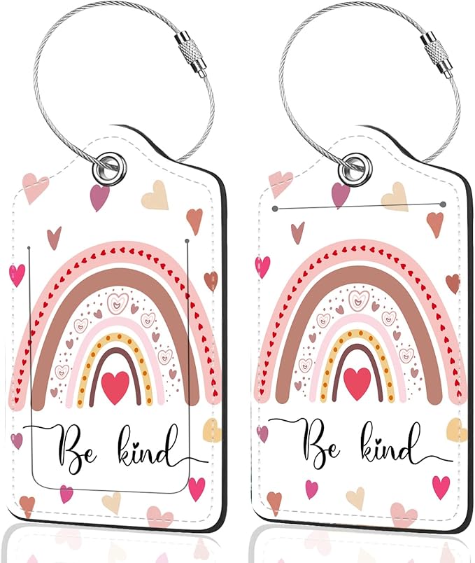 2Pack Luggage Tags for Suitcases, Cute Unique Pu Leather Cruise Luggage Tag with Privacy Cover ID Label Address Card and Metal Ring Suitable for Women Men Kids Travel Bag Rainbow Heart