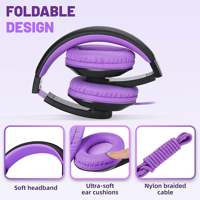 rockpapa Comfort Kids Headphones for School, Lightweight Foldable Portable Childs Boys Girls Teens Headphones Wired 3.5mm with 4.9ft Cord for Travel Airplane Tablet Phone Pad Laptop Black/Purple
