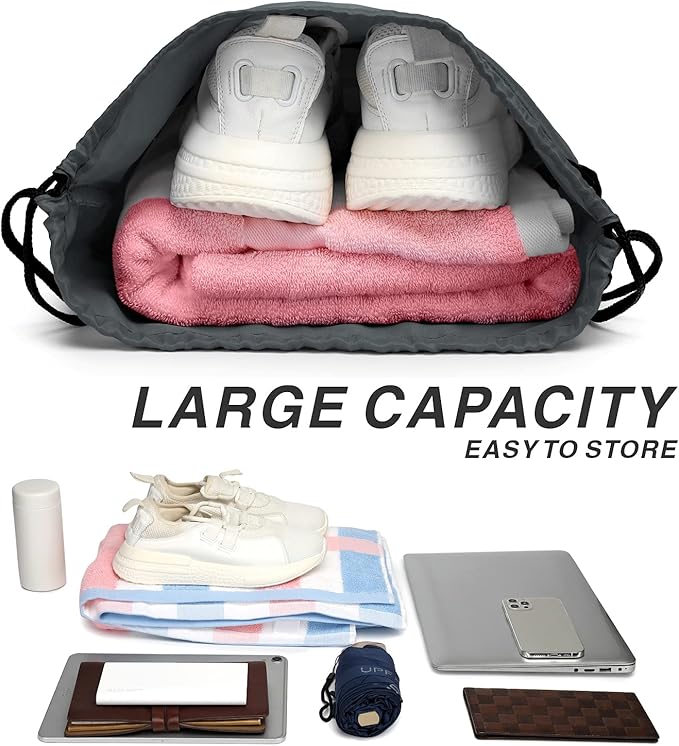 Drawstring Backpack Sports Water Resistant String Bag Sport Gym Sackpack for Women Men Large with Zipper, Grey