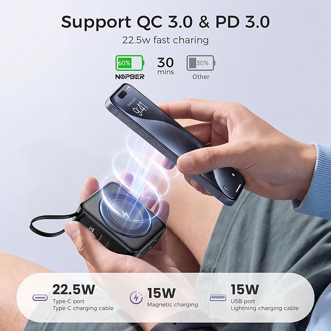 6-in-1 Magnetic Portable Charger 10000mAh – 22.5W Fast Charging with AC Wall Plug Built-in USB-C & Lightning Cables for iPhone 17/16/15/14/13/12, Android & Samsung (Black)